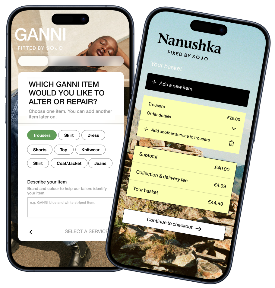 Examples of SOJO's brand portal with GANNI and Nanushka on an iPhone 14